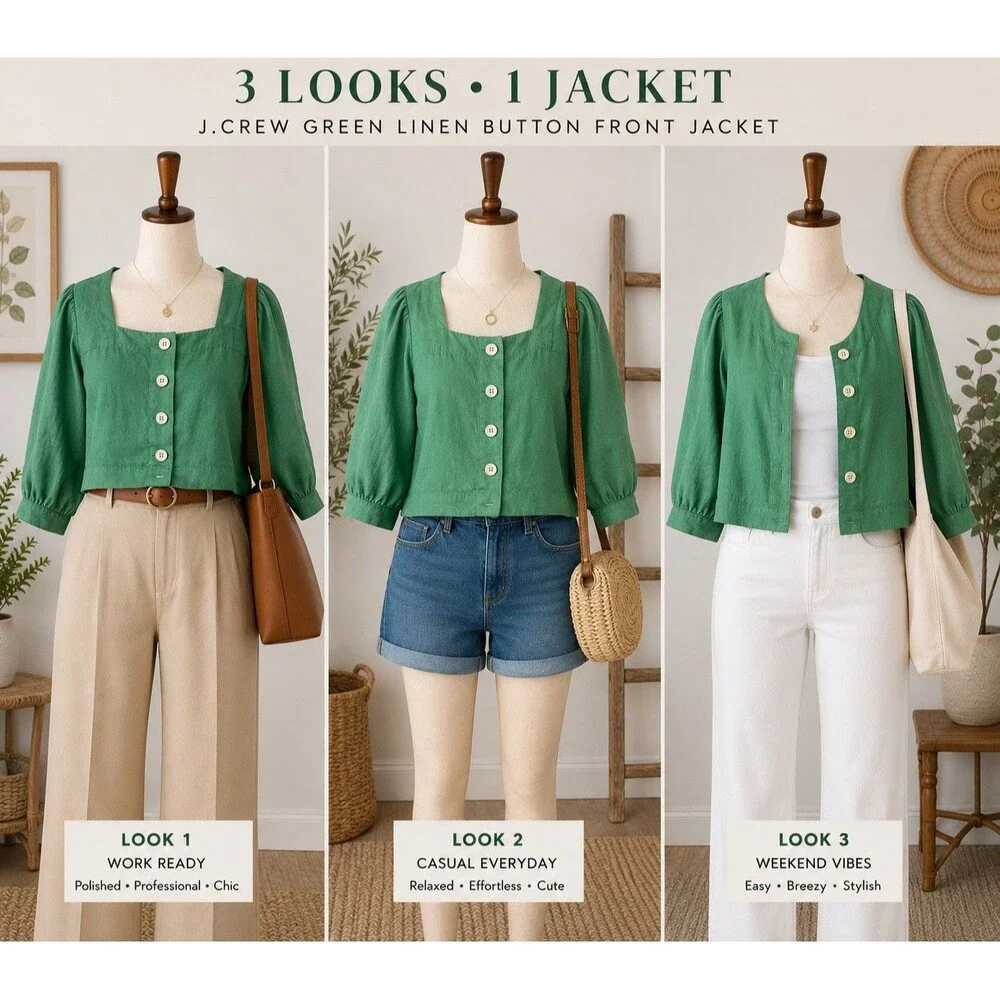 J.CREW Women's 100% Linen Blouse Top Green Mint Puff Sleeve Button Front S